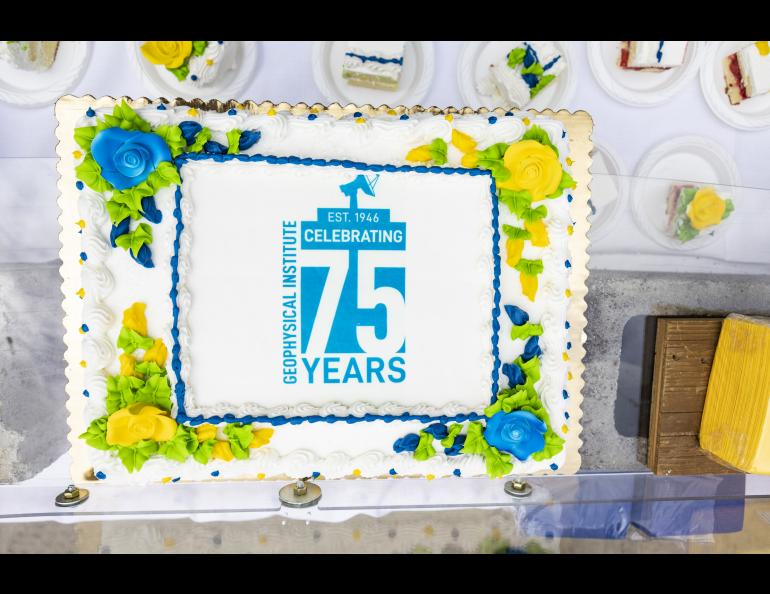 The GI's 75th anniversary logo, designed by the GI's Vicki Daniels, was included in publications and materials, and even on the anniversary cakes. UAF photo by JR Ancheta.