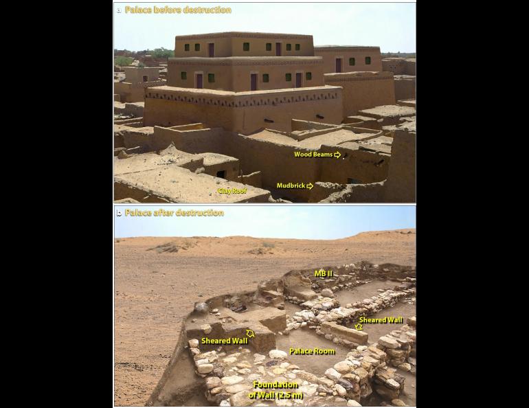 Artist’s evidence-based reconstruction of the four- to five-story palace that was approximately 170 feet long and 90 feet wide before its destruction. Artist’s evidence-based reconstruction of palace site on upper tall, along with modern excavation. Image from paper authored by Ted E. Bunch and used