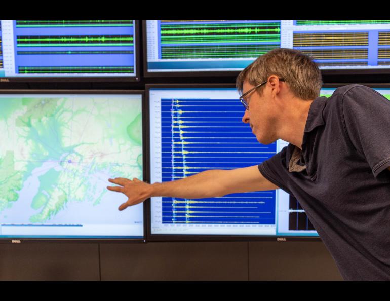 The Geophysical Institute’s Carl Tape talks about a small earthquake that had just occurred in the Anchorage area on Monday, Aug. 31, 2021. Credit: Daniel Walker, University of Alaska Fairbanks Geophysical Institute