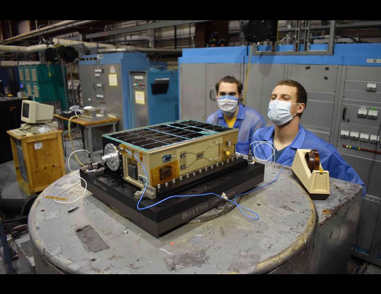 In April 2021, Connor O'Brien and Emil Atz complete "vibration testing" of CuPID to ensure it can withstand the space environment. Credit: Brian Walsh
