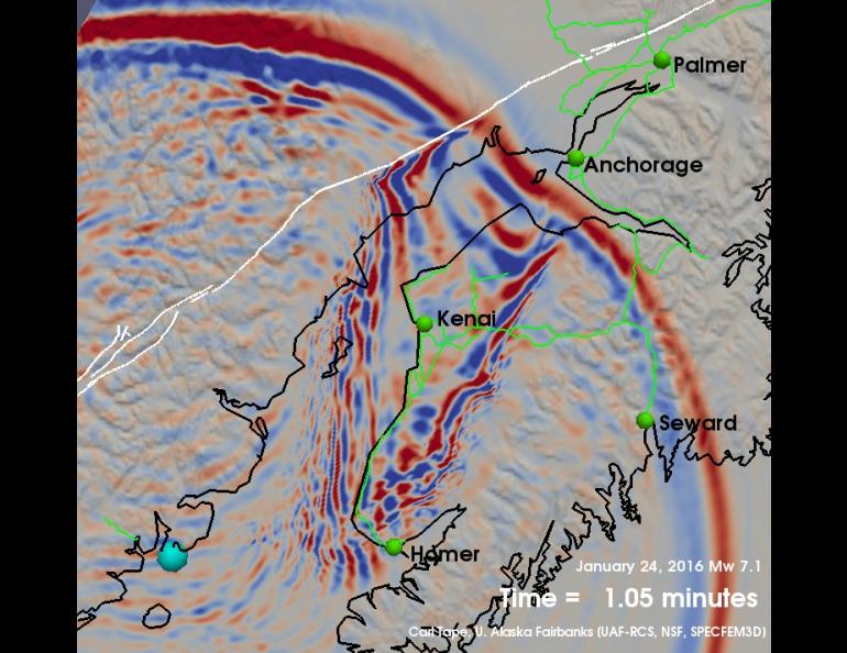Snapshot of a 2016 computer simulation of an earthquake showing the complex interaction between seismic waves and the local geological structure in Southcentral Alaska. A video of the simulation is available at https://youtu.be/KdiETNfyaUo Credit: Carl Tape, University of Alaska Fairbanks Geophysica