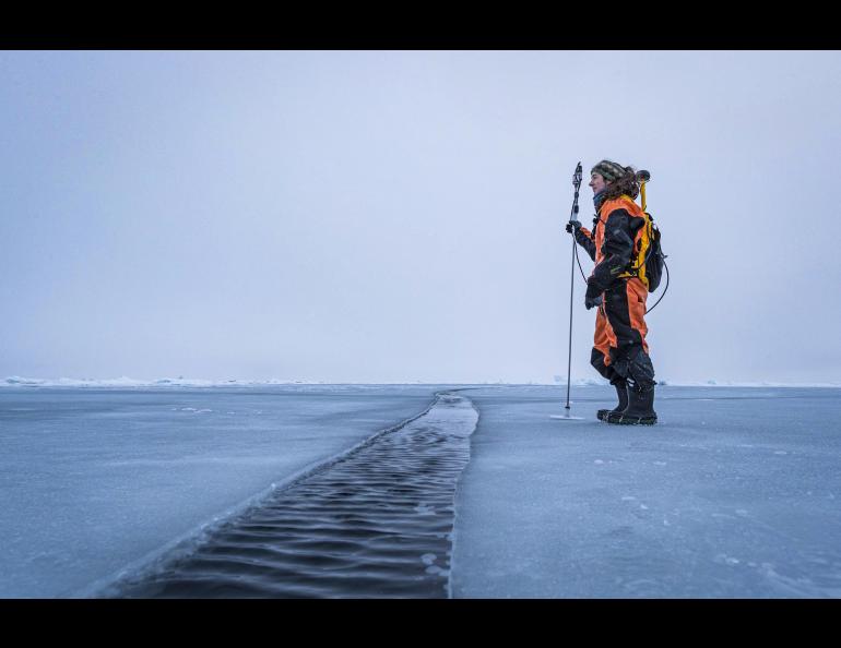 Melinda Webster finishes surveying the thin ice at the edge of a floe. Photo by Lianna Nixon