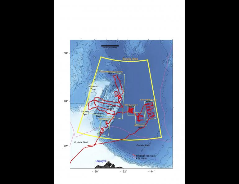 Map shows the track of the research vessel Sikuliaq in the Arctic Ocean. Courtesy Bernard Coakley.