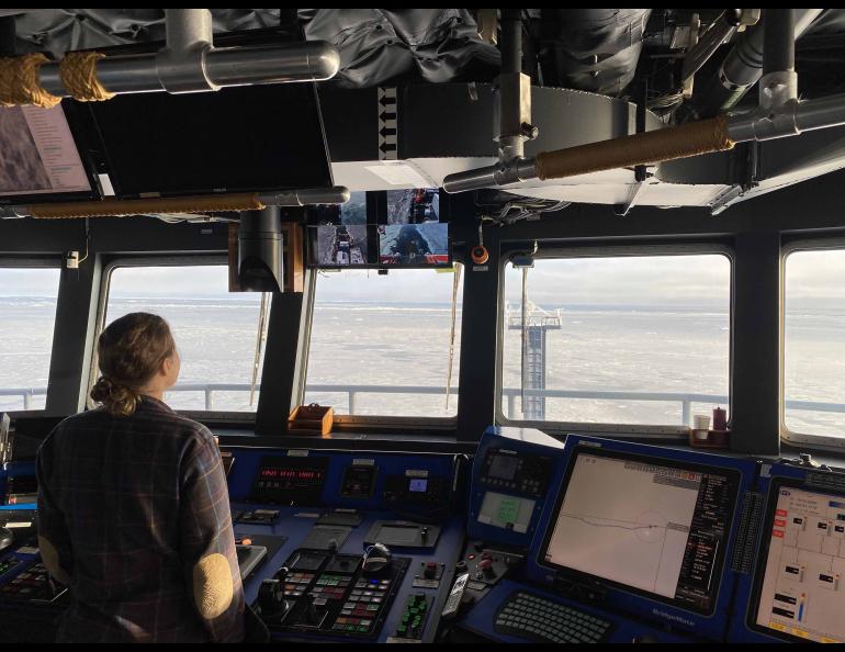 Crew member Johna Winters, a master’s student in marine resource management at Oregon State University, watches from the Sikuliaq’s bridge on Sept. 20, 2021. Bernard Coakley photo