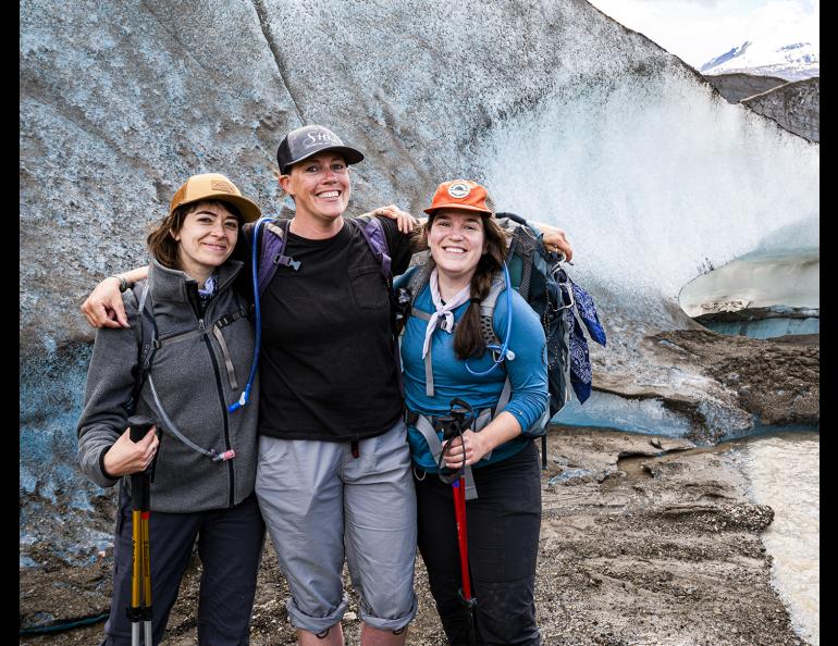 The artists of the Erratics Project on the Kennicott Glacier. Left to right, Tyler Rai, Nina Elder and Hannah Perrine Mode. Photo by Julian Dann