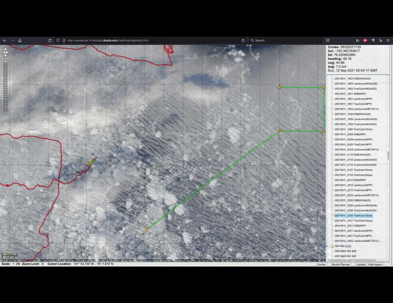 An image from the map server shows the Sikuliaq amid the sea ice on Sept. 12, 2021. Photo by Steve Roberts