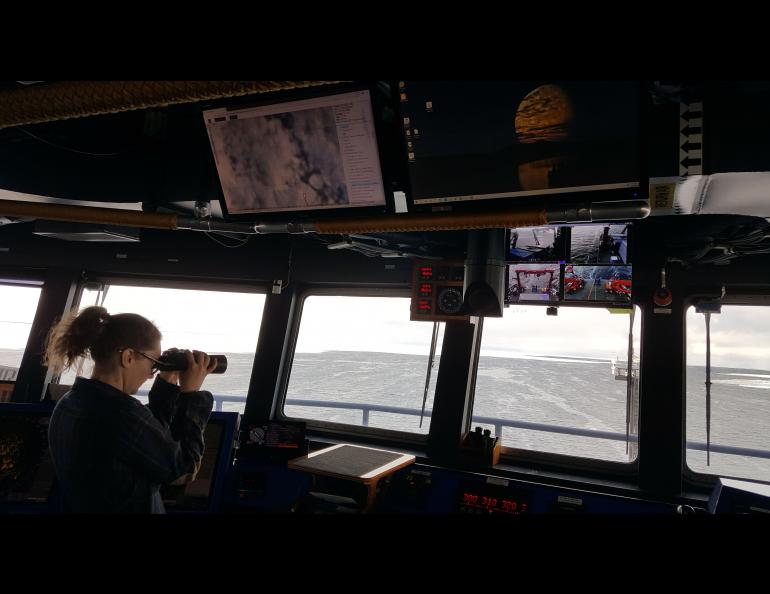 GINA images in the ship's map server can be viewed via an overhead monitor above the main console. Crew member Johna Winters, a graduate student from Oregon State University, on the bridge. Photo by Steve Roberts