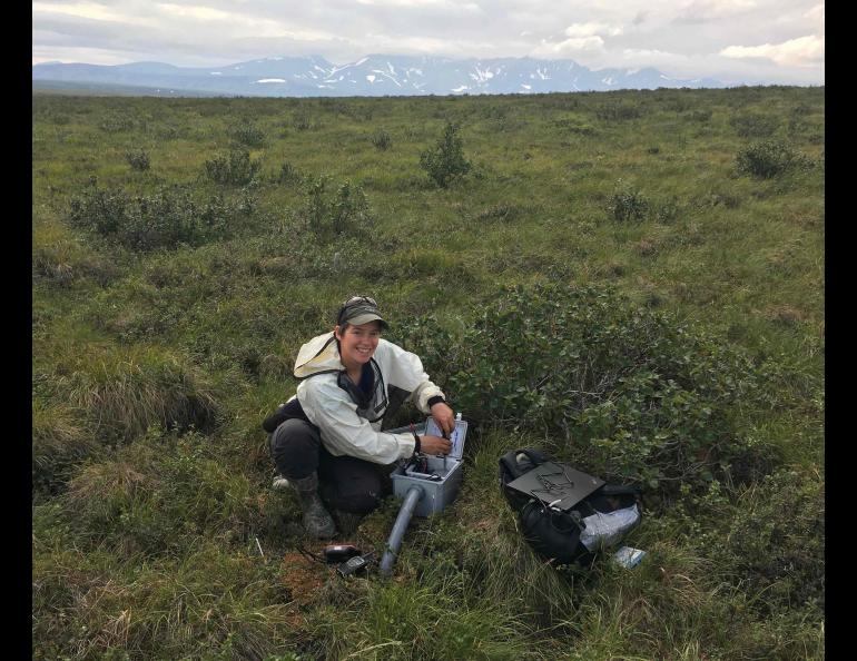 Louise Farquharson, a research assistant professor at the UAF Geophysical Institute, checks a borehole near Nome on Alaska's Seward Peninsula. Photo courtesy of Vladimir Romanovsky