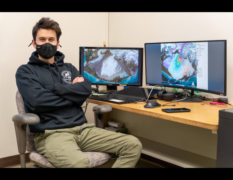 Victor Devaux-Chupin in an office where he conducts research at the UAF Geophysical Institute. Photo by Daniel Walker.