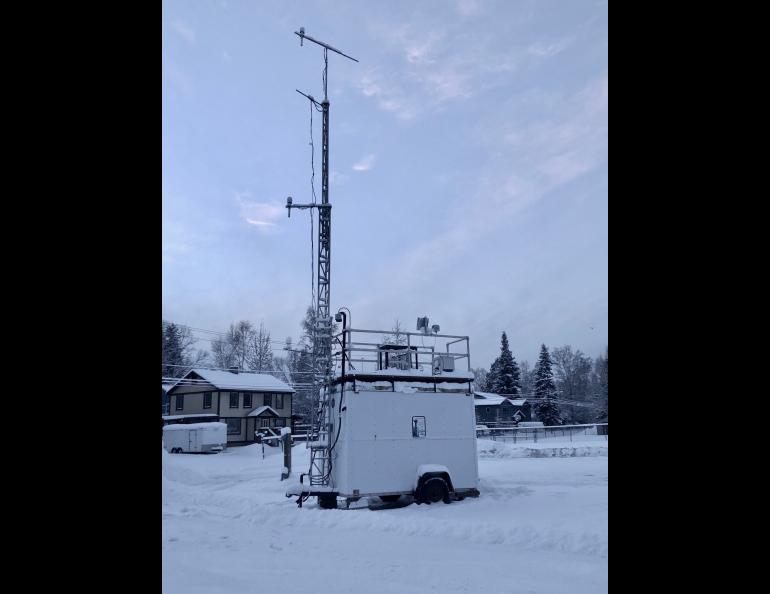 Instruments on a small trailer in central Fairbanks measure the temperature gradient and quantify the strength of near-surface temperature inversions. Photo by Meeta Cesler-Maloney