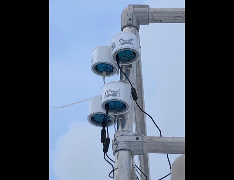 Small inexpensive PurpleAir sensors on a tower in downtown Fairbanks measure particulate matter as part of the ALPACA research. Photo by Meeta Cesler-Maloney  