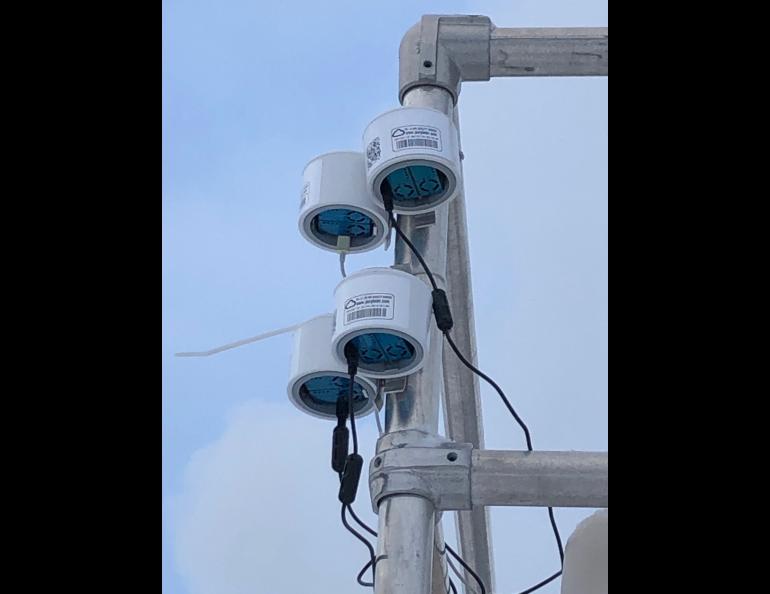 Small inexpensive PurpleAir sensors on a tower in downtown Fairbanks measure particulate matter as part of the ALPACA research. Photo by Meeta Cesler-Maloney