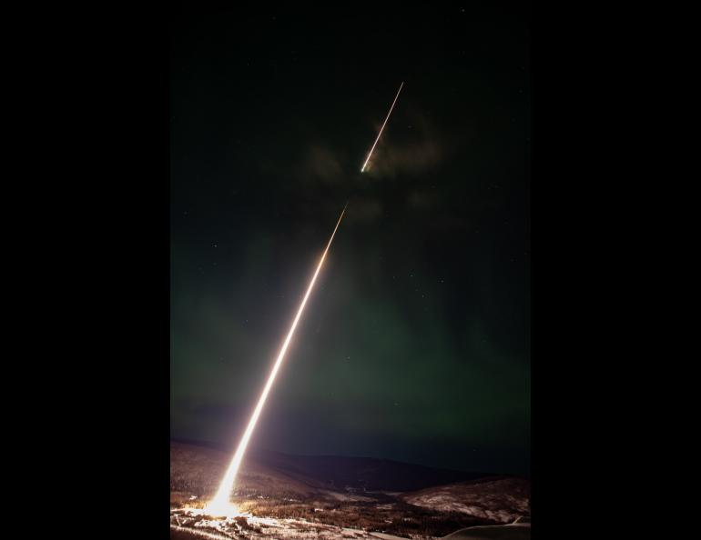 A NASA Black Brant IX sounding rocket launches from Poker Flat Research Range north of Fairbanks at 2:27 a.m. Saturday, March 5, 2022. Photo by NASA/Terry Zaperach
