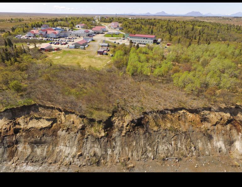 Kanakanak Hospital sits above an eroding bluff in this photo taken by an unmanned aerial vehicle May 28, 2021, in Dillingham. UAF/GI photo by Chris Maio.