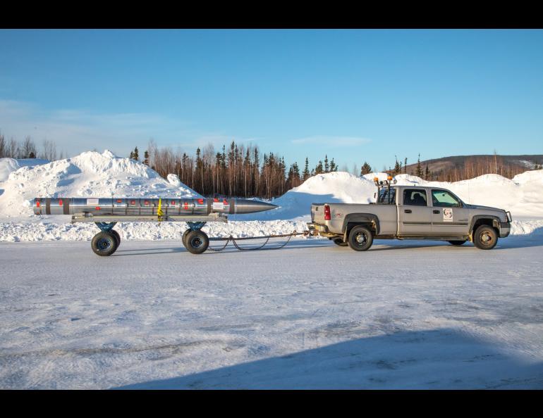 One of two Ion-Neutral Coupling during Active Aurora payloads begins its trip to the launch pad at Poker Flat Research Range where it will be mated with a NASA Black Brant IX sounding rocket.  Photo by NASA/Terry Zaperach