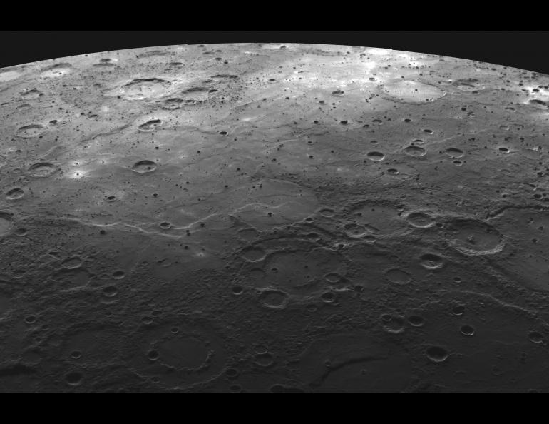  Images from Messenger show previously uncharted regions of the planet that have large craters with an internal smoothness similar to Earth's own moon and that are thought to have been flooded by lava flows. Image by NASA/Johns Hopkins University Applied Physics Laboratory/Carnegie Institution of Wa