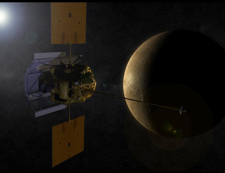 An artist’s rendition illustrates Messenger approaching Mercury. Image credit: NASA