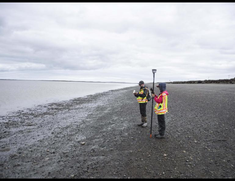 Graduate student Reyce Bogardus and Roberta Glenn survey the coast using real-time kinematic GPS in June 2021 in Pilot Point. UAF/GI photo by Chris Maio.