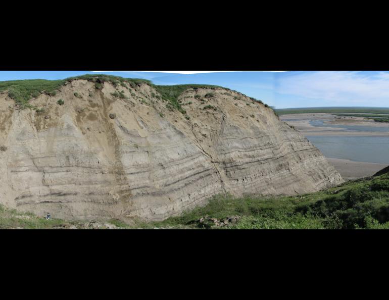 Sedimentary deposits of the Prince Creek Formation are exposed in bluffs adjacent to the Colville River, on Alaska’s North Slope, in this July 2007 photograph. The sedimentary rocks represent prehistoric river channels, floodplains, lakes and ponds, and thin peat swamps. Photo by Paul McCarthy