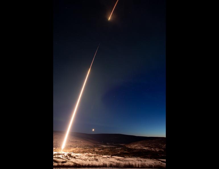 The Black Brant IX rocket launched from Poker Flat Research Range north of Fairbanks at 4:47 a.m. Thursday, April 7, 2022. Photo by Terry Zaperach/NASA Wallops