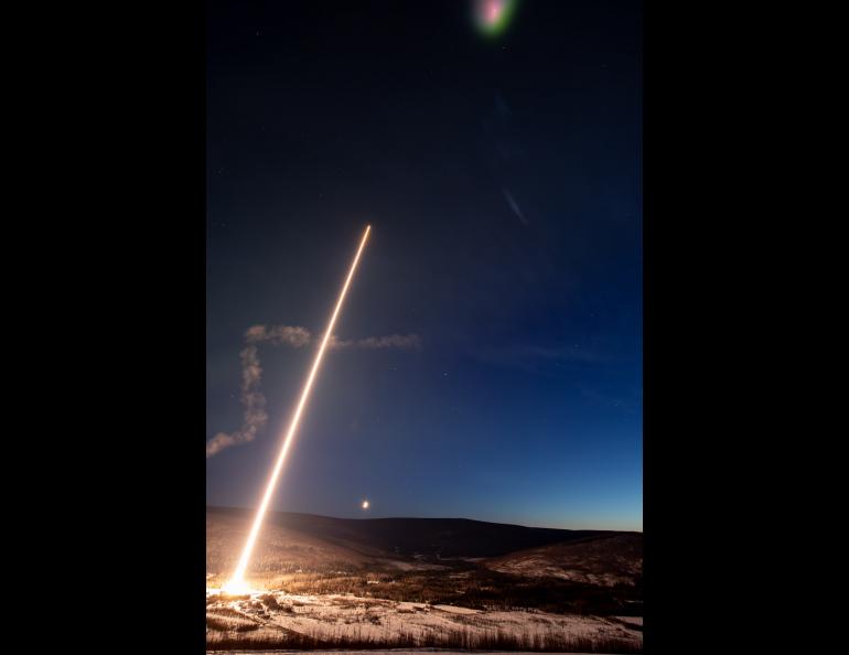 The Terrier-Improved Malemute rocket launched from Poker Flat Research Range north of Fairbanks at 4:50 a.m. Thursday, April 7, 2022. Photo by Terry Zaperach/NASA Wallops