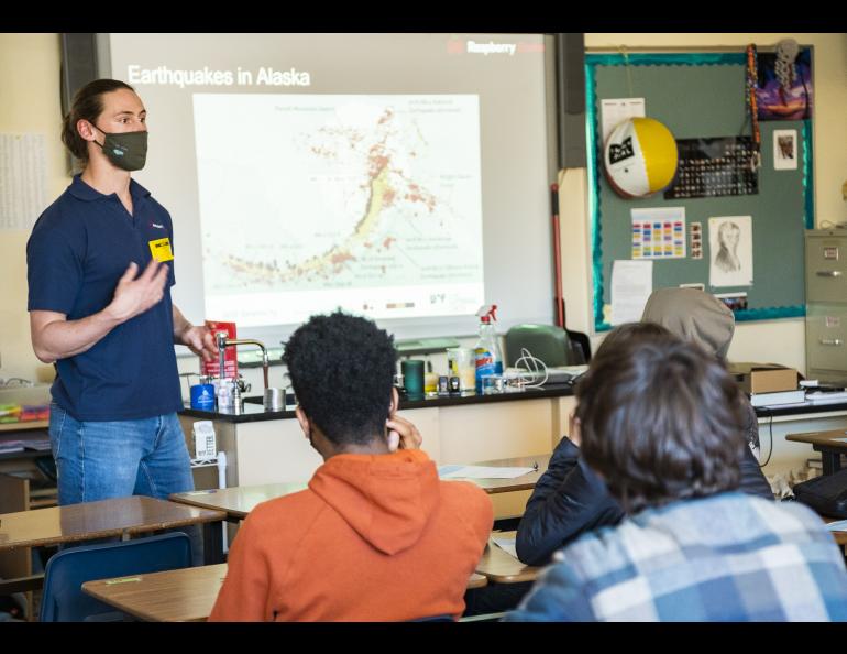 Gabriel Low talks about earthquake facts and information to a group of West Valley High School students in Fairbanks during a presentation by the Alaska Earthquake Center on Monday, March 6, 2022. UAF/GI photo by JR Ancheta.