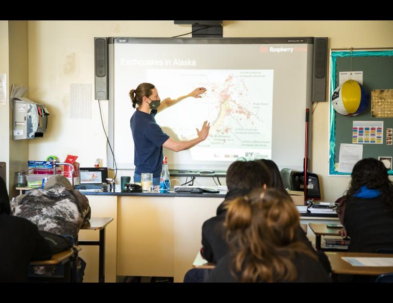 Gabriel Low talks about earthquake facts and information to a group of West Valley High School students in Fairbanks during a presentation by the Alaska Earthquake Center on Monday, March 6, 2022. UAF/GI photo by JR Ancheta.
