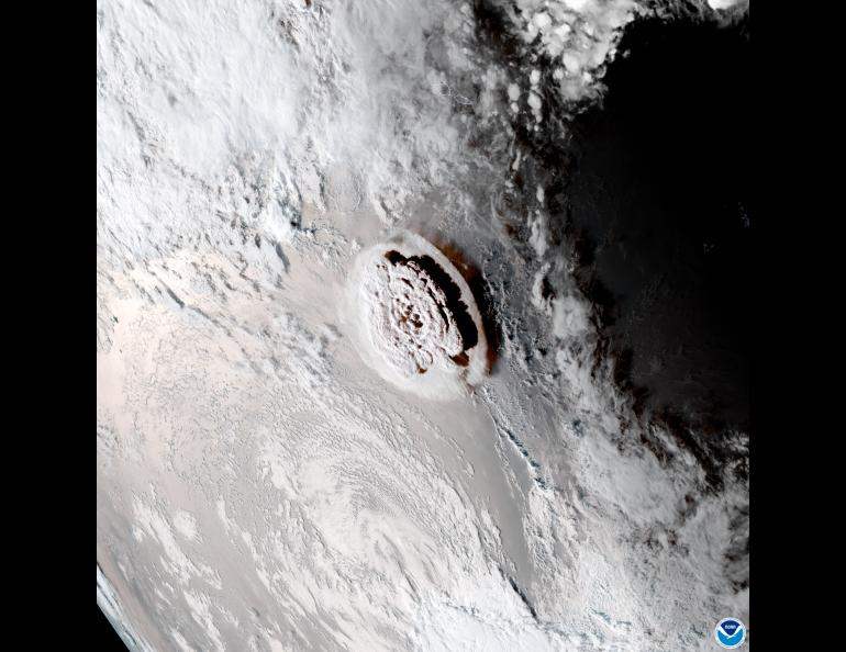 The Hunga eruption image is from the GOES-17 satellite of the National Oceanic and Atmospheric Administration. Photo courtesy NOAA
