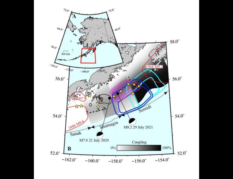 Image shows Simeonof 2020 quake slip model contours in black. Chignik 2021 contours are shown in purple. Contour outlines of two updated 1938 model estimates are shown in light and dark blue. Red shows rupture areas for major quakes. Stars show epicenters of magnitude 7-plus quakes in past century.