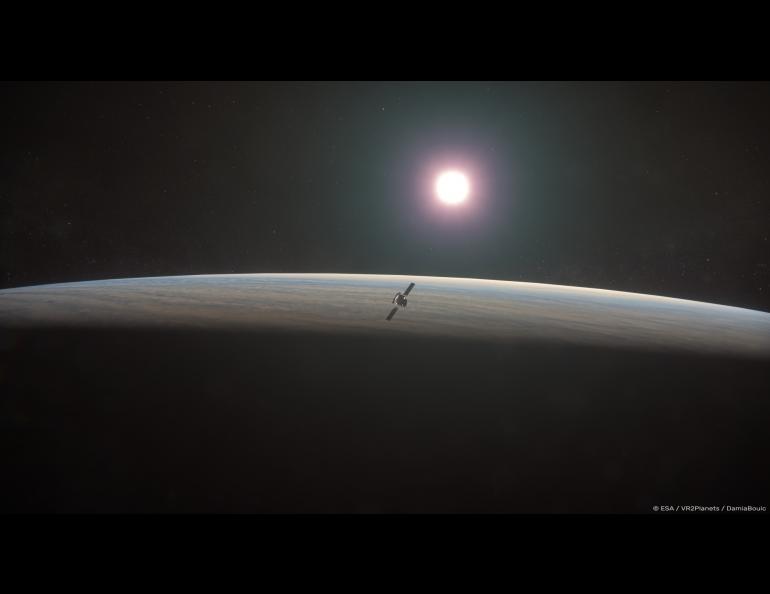 This artist’s impression shows the ESA's EnVision mission over Venus. Courtesy of European Space Agency