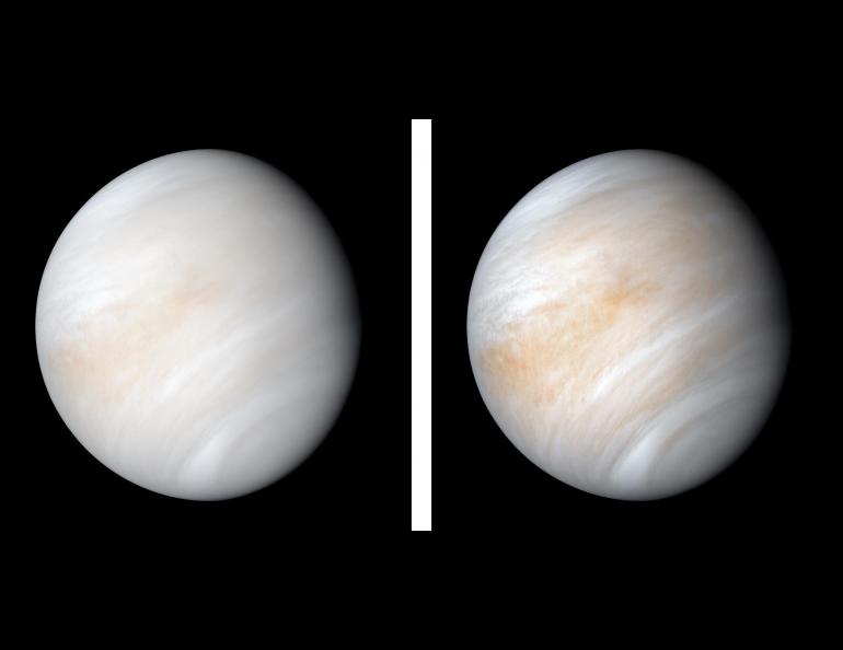 Mariner 10 spacecraft captured this view of Venus in 1974. The two images here were reprocessed with modern image-processing software and published in 2020. The contrast-enhanced version on the right makes features in the planet's thick cloud cover visible in detail. Image by NASA/JPL-Caltech