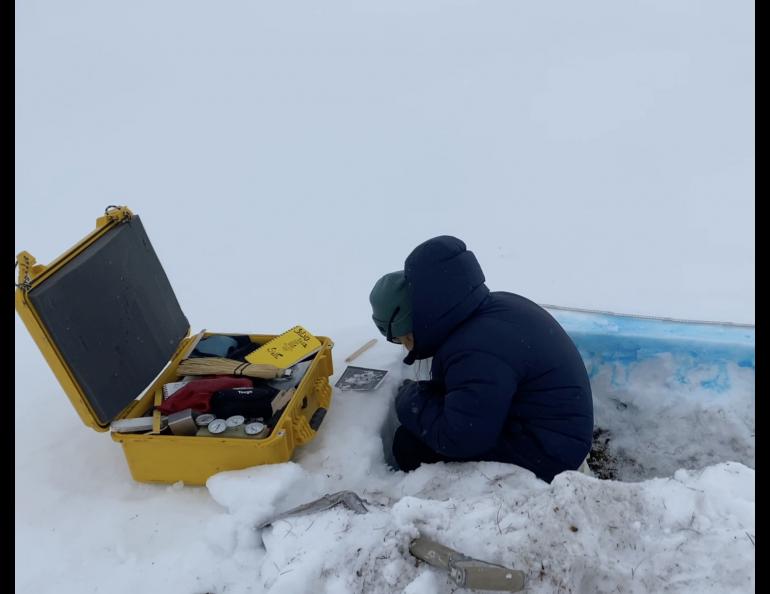 Ph.D. student Anika Pinzner looking at snow grains in a snow pit. Photo by Serina Wesen