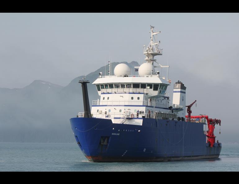 The research vessel Sikuliaq sails in Alaska’s Resurrection Bay in July 2020. The ship is homeported in Seward. The University of Alaska Fairbanks College of Fisheries and Ocean Sciences operates the Sikuliaq. The National Science Foundation owns the ship. Photo by Sarah Spanos