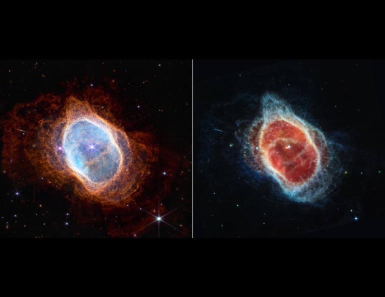 Two cameras aboard Webb captured the latest image of this planetary nebula, cataloged as NGC 3132, and known informally as the Southern Ring Nebula. It is approximately 2,500 light-years away. Image courtesy NASA, ESA, CSA, and STScI.