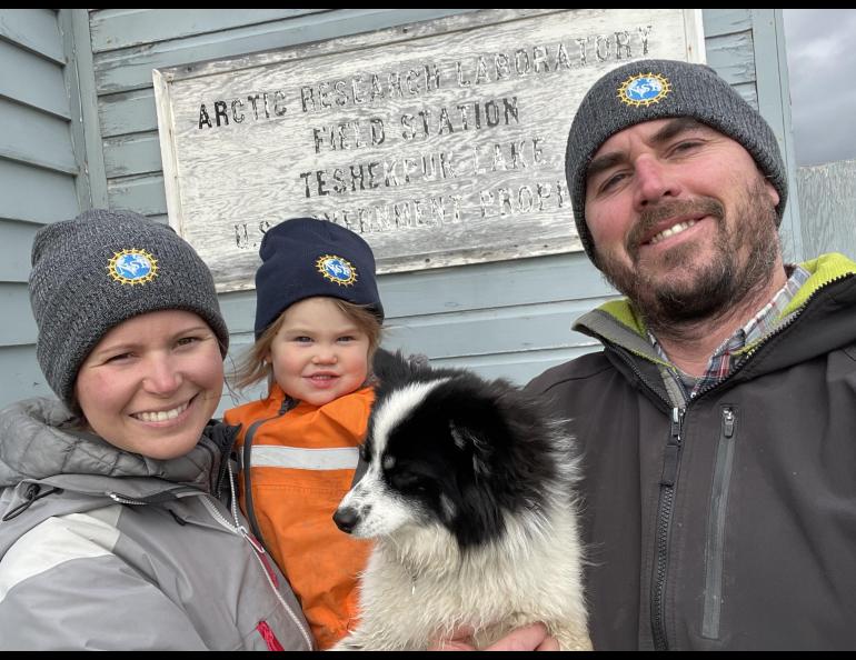 Melissa Ward Jones, Lillian Jones, Kaya, and Benjamin Jones (left to right) doing family science at the Teshekpuk Lake Observatory during the summer of 2021. Photo by Ben Jones