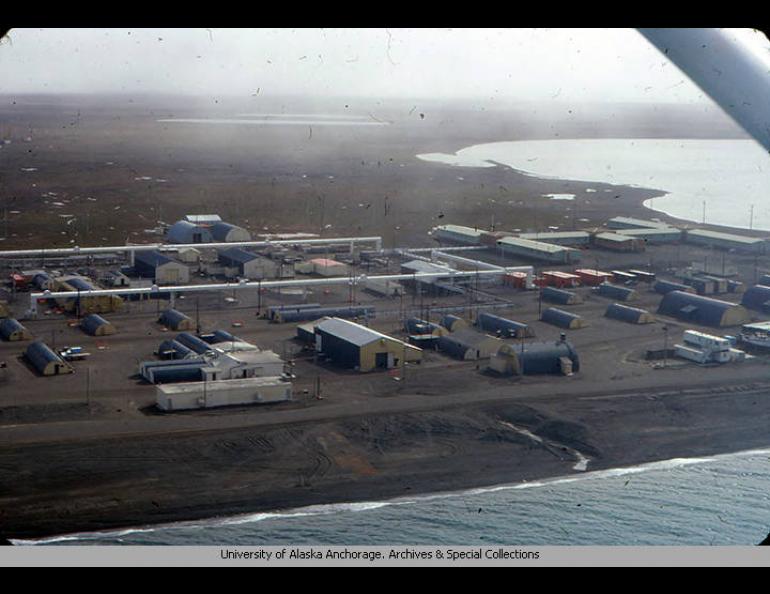 The Naval Arctic Research Laboratory is seen from the air in July 1980 as part of a community tour of the facility. Carl M. Hild Collection/University of Alaska Anchorage