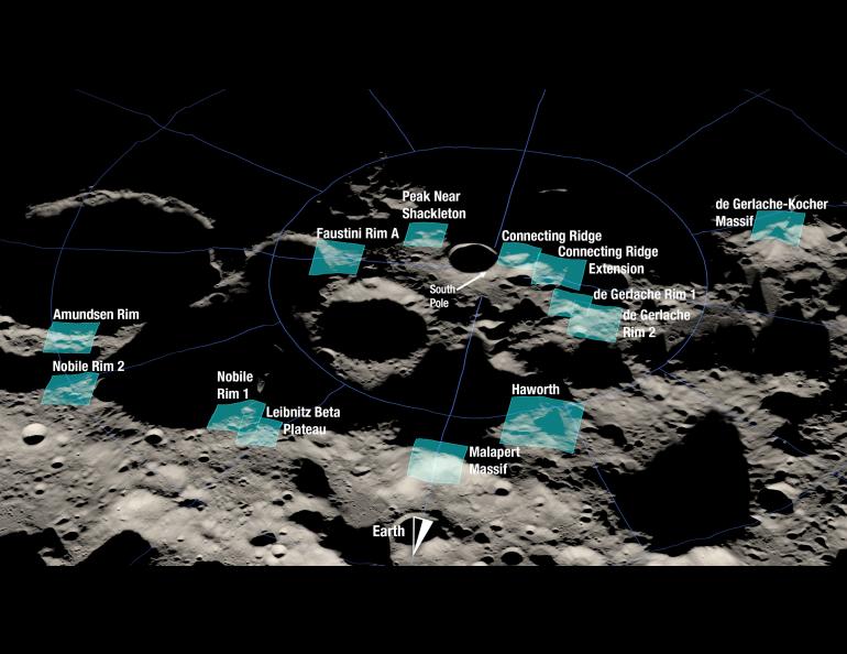 Shown here is a rendering of 13 candidate landing regions for Artemis III announced in August. Each region is approximately 9.3 by 9.3 miles. A landing site is a location within those regions with an approximate 328-foot radius. NASA image