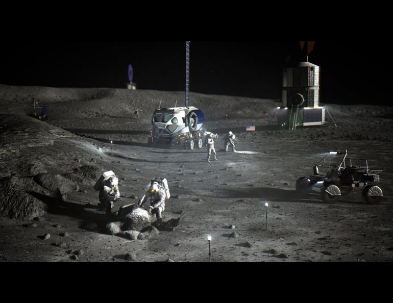 Illustration of NASA astronauts on the lunar South Pole. NASA illustration