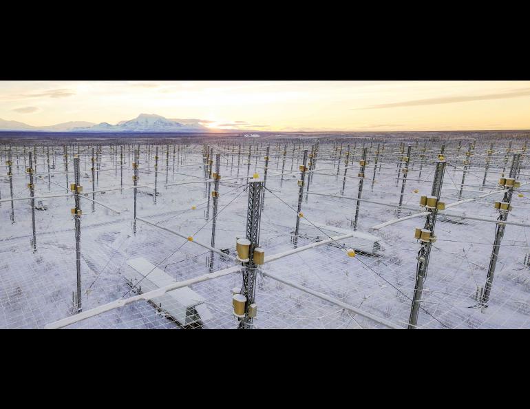 The High-frequency Active Auroral Research Program near Gakona, Alaska, includes a phased array of 180 high-frequency crossed-dipole antennas spread across 33 acres and capable of radiating 3.6 megawatts into the upper atmosphere and ionosphere. Photo courtesy of HAARP