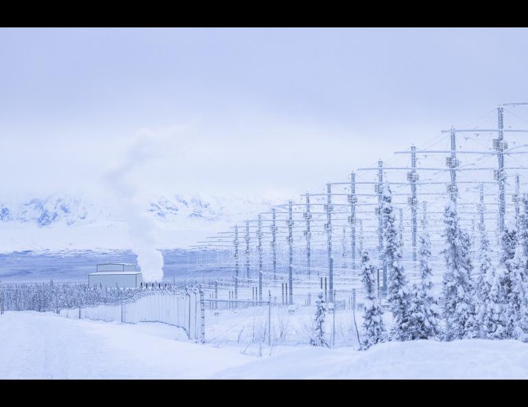 With temperatures falling to minus 40 degrees, a frosty landscape surrounds antennas at the High-frequency Active Auroral Research Program site on Dec. 20, 2022. HAARP conducted a run-through on that date for the Dec. 27 asteroid bounce experiment. UAF/GI photo by JR Ancheta 