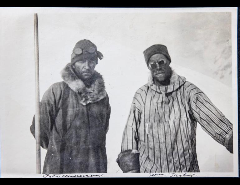 In this photo, previously unpublished as far as is known, Charlie McGonagal, left, and Pete Anderson, two of the four-man Sourdough Expedition that ascended Denali’s North Peak, are shown in a mislabeled photograph. Photo from UAF Rasmuson Library archive