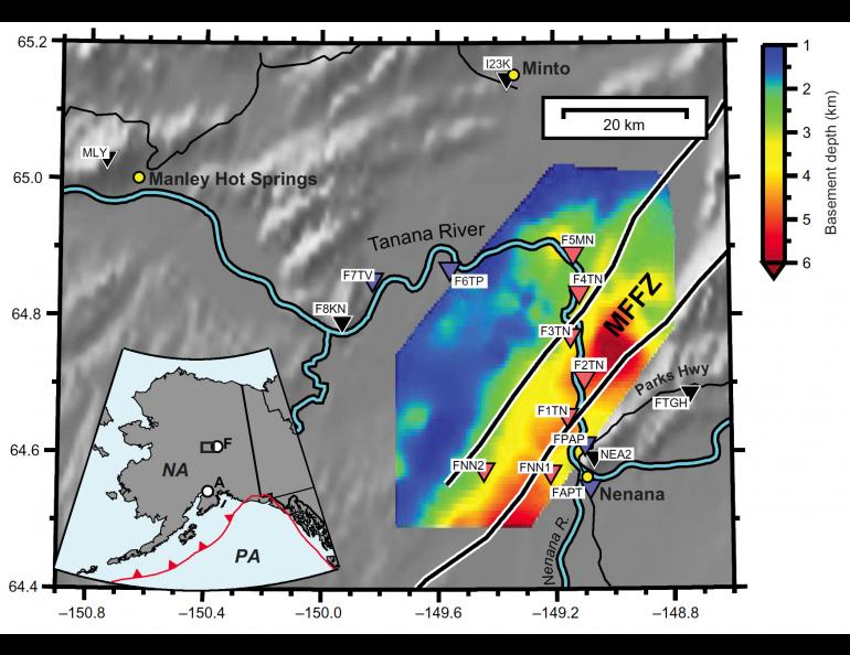 This map shows the Nenana Basin and Minto Flats fault zone in central Alaska.The color denotes the depth to the basin’s basement surface. The triangles denote seismic stations and include 13 stations that operated from 2015-2019. 