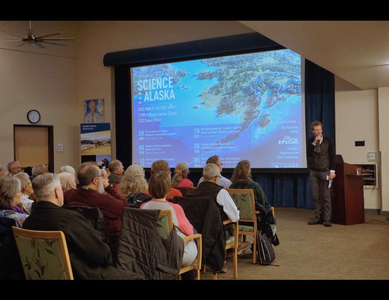 The annual Science for Alaska lecture series returns this year to an in-person format, with the addition of an online audience, after two years of being online only due to the COVID outbreak. In this 2019 photograph, audience members listen during a presentation. UAF Geophysical Institute photo
