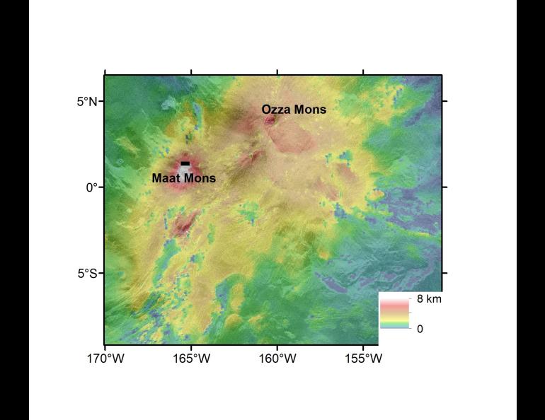 This image shows the area examined for volcanic activity that occurred over eight months during the Magellan mission. Colors are elevations. The small black rectangle above Maat Mons label shows the location of the vent. Image from research paper.