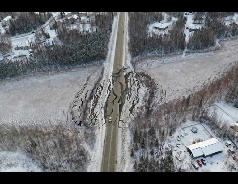 Heavy damage from the Nov. 30, 2018, magnitude 7.1 earthquake is visible on Vine Road, south of Wasilla. Photo courtesy of Alaska Department of Transportation and Public Facilities.