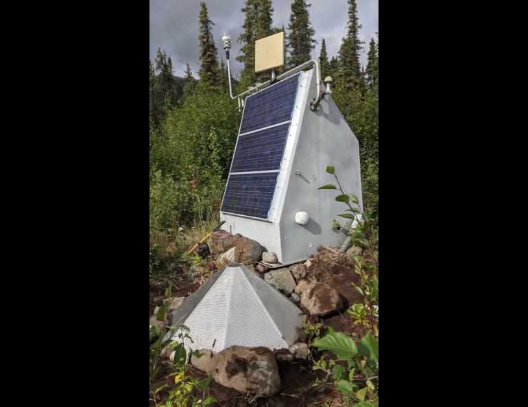  Infrasound sensor M26K is located inside a seismometer station near Nabesna, Alaska. Many infrasound sensors around Alaska are co-located with seismometers. Photo by Ken Macpherson.