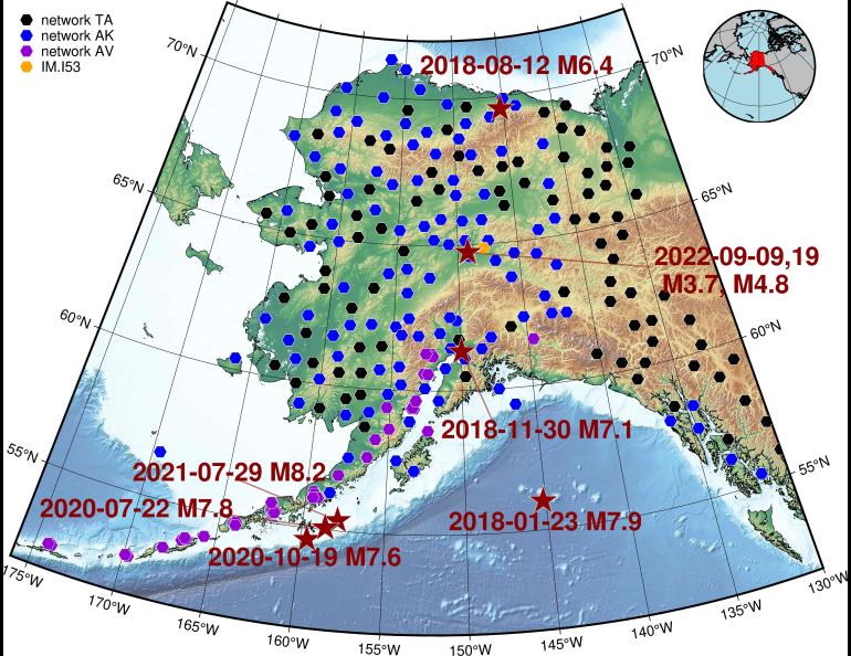 The map shows infrasound stations and earthquakes considered in this study. Not all stations operated contemporaneously, but all were active for some period between 2018 and October 2022. Image from research paper.
