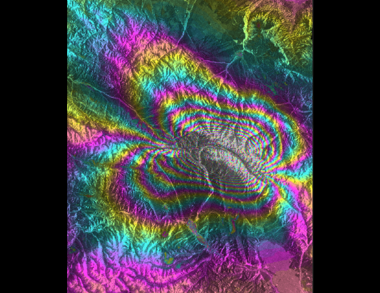 A magnitude 6.6 earthquake occurred in China on Jan. 6, 2022. In this Sentinel-1 SAR interferogram of the region, each fringe (or color cycle) in the butterfly-shaped figure represents 1.1 inches of ground surface displacement. The image was created using ASF’s HyP3 On Demand processing service.