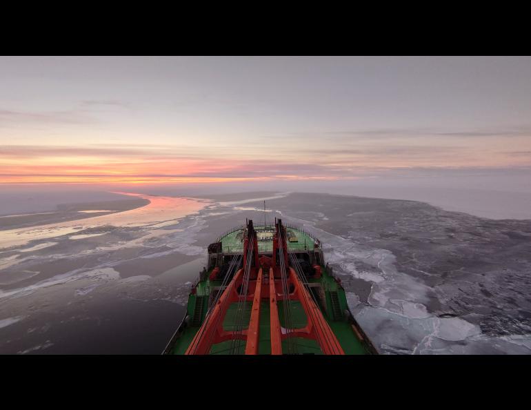 The research vessel Akademik Tryoshnikov sails in the Arctic Ocean on a 2021 science cruise in the Nansen and Amundsen Basins Observational System program. A science cruise aboard the U.S. Coast Guard icebreaker Healy began in August 2023 to research in the same area. Photo courtesy of Igor Polyakov
