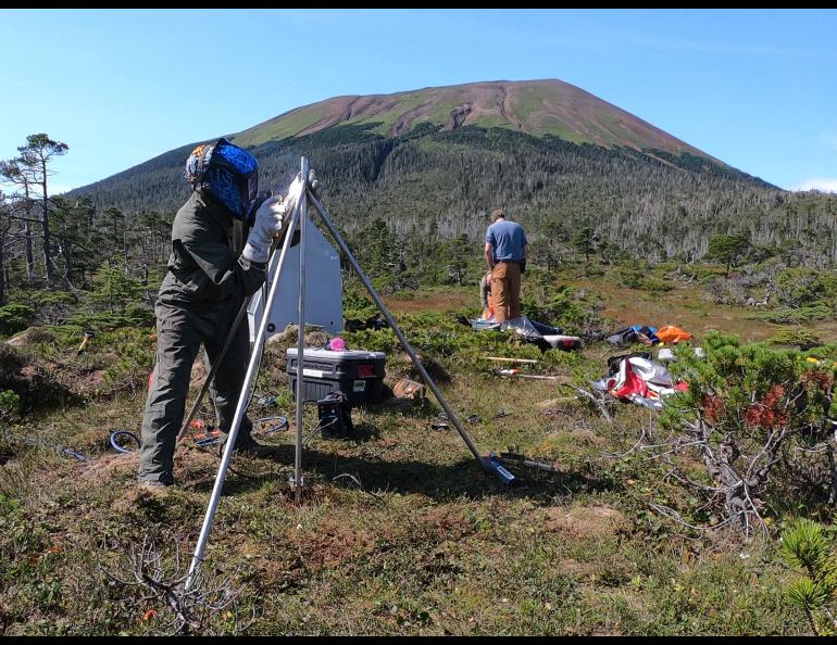 Alaska Volcano Observatory field technician Max Kaufman welds a new GNSS antenna monument at one of the observatory’s new volcano monitoring sites on Mount Edgecumbe in late August 2023. Photo by Max Kaufman.